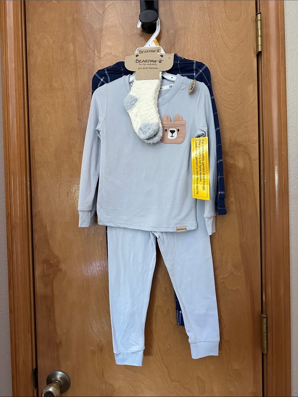 4 piece BearPaw Light Blue Bear Pocket dark plaid Pajama Set with Cream Socks